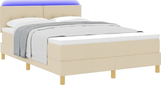 Box Spring Seng med Madrass & LED Krem 140x200 cm Stoff