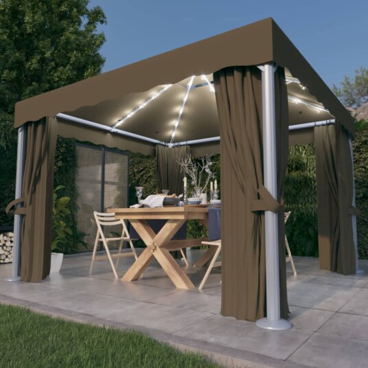vidaXL Paviljong med gardin og LED-strenglys 3x3 m gråbrun vidaXL Paviljong med gardin og LED-strenglys 3x3 m gråbrun