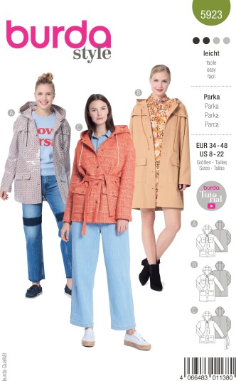 Burda 5923 - Parkasjakke EUR: 34-48, US: 8-22