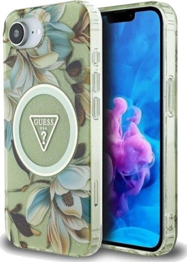 GUESS IML Metal Glitter Flowers Triangle MagSafe iPhone 16e Case - Green