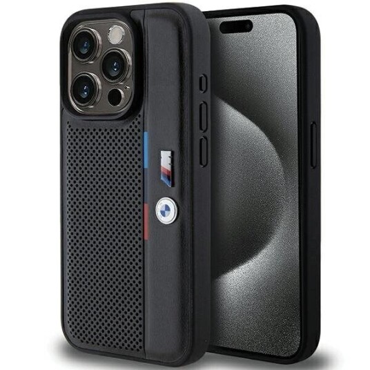 BMW iPhone 15 Pro Hardcase Perforert Tricolor Line Svart 6.1"