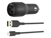 Belkin BoostCharge Dual Charger - Bilstrømadapter - 24 watt - 4.8 A - 2 utgangskontakter (USB) - på kabel: Lightning - svart