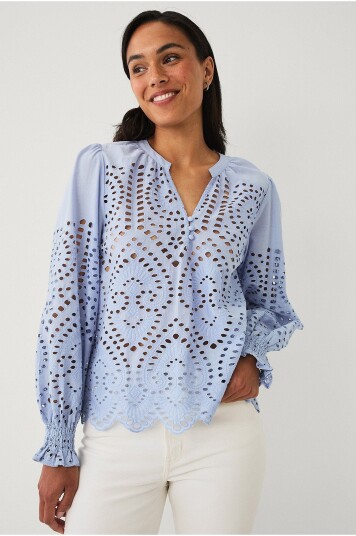 Ellos Collection Bluse med broderie anglaise Blå