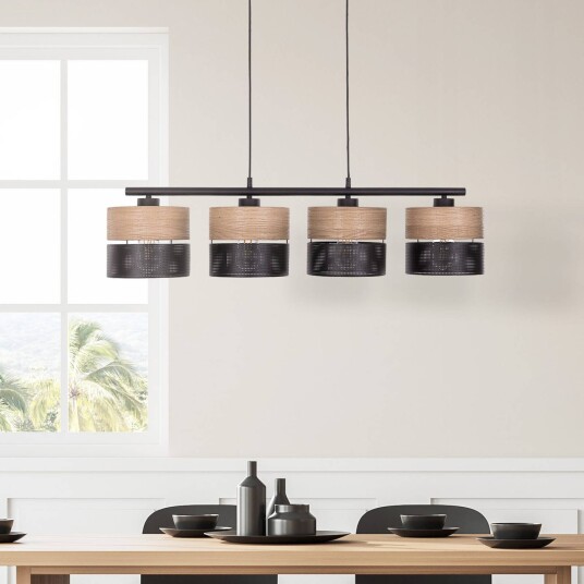 TK Lighting Nicol hengelampe svart/tre-effekt 94x20 cm 4-lys 4 x E27