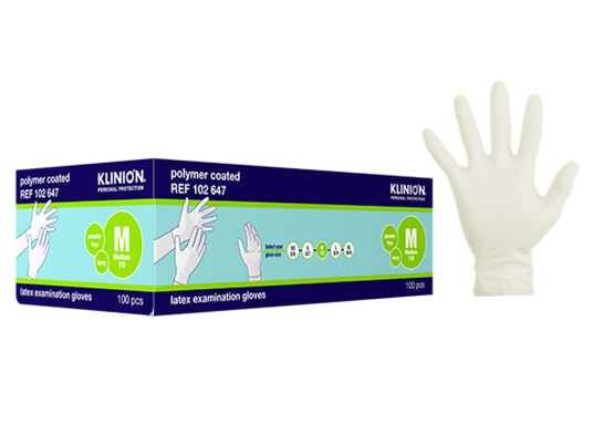 Klinion Hanske latex kort, Medium, pudderfri, 100 stk, Klinion Hanske latex kort, Medium, pudderfri, 100 stk,