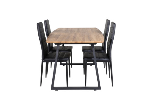IncaNABL spisegruppe spisebord uttrekksbord lengde cm 160 / 200 el tre dekor og 4 Slim High Back spisestuestoler PU kunstskinn svart.