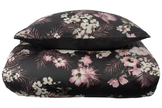 Borg Living Sengetøy - 140x220 cm - Blomster og prikker - Mørk grå - 2 i 1 design - 100 % økologisk bomullsateng