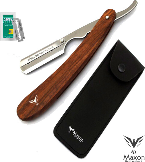 MAXON Deutschland barberhøvel med trehåndtak + DERBY barberblad + etui til barberhøvel