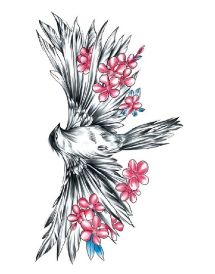 Flowered Bird Fake Tattoo