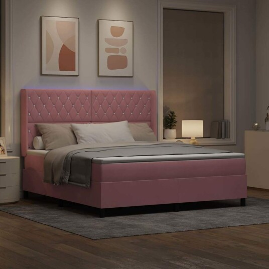  Box Spring Seng med Madrass og LED Rosa 180x200 cm Fløyel