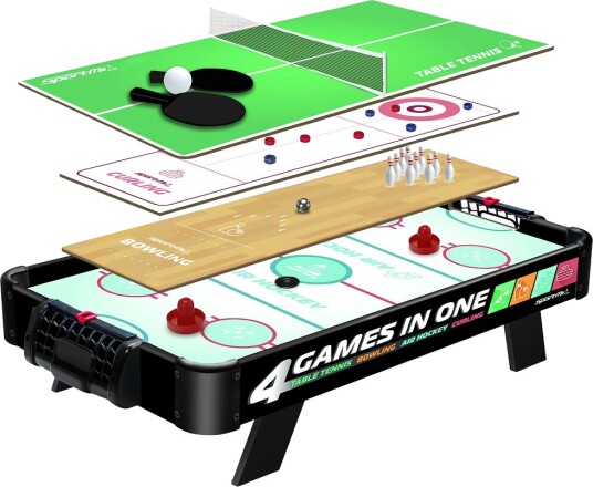 SportMe 4-i-1 Spillbord med Airhockey, Bordtennis, Curling og Bowling