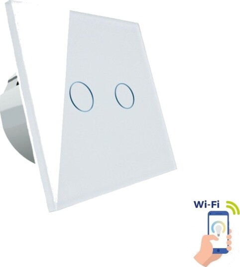 Smart 2-sone WiFi bryter - 2x1000W, hvitt glass, fungerer med Google Home/Alexa, IP20 innendørs