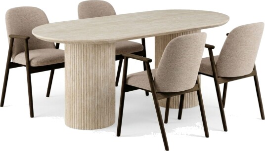 Uppveda Spisegruppe 180 cm Oval Travertin med 4 Reciclar Spisestoler - Travertin/Greige