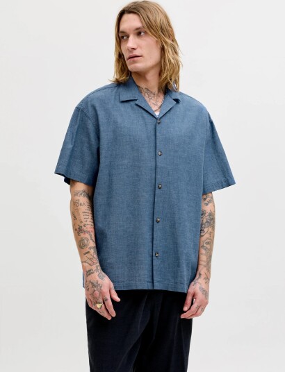 Jack & Jones Jjesummer Linen Blend Resort Shirt Ss Sn   Blue   M