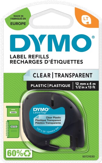 DYMO Letratag plasttape, sort på klar, 12mm x 4m rull, selvklebende