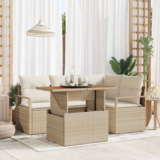 5-delt hagesofa-sett med puter i beige laget av poly rattan og akacia