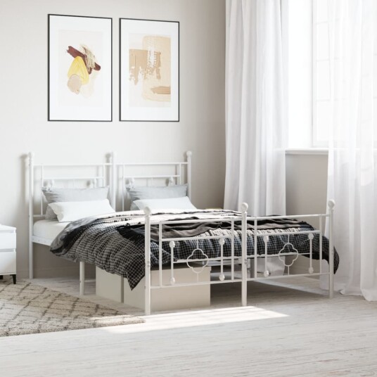 vidaXL Sengeramme i metall med hode- og fotgavl hvit 140x190 cm 8721012249394