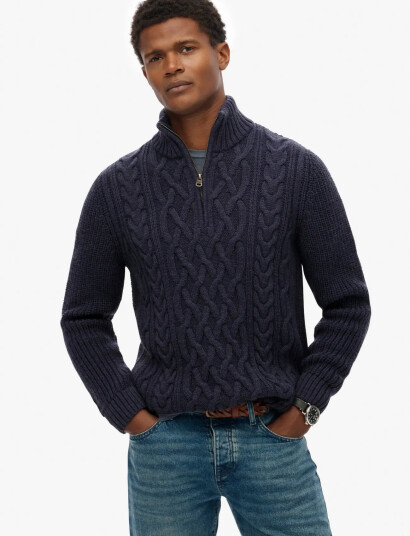 Superdry Jacob Cable Knit Half Zip   Navy   S