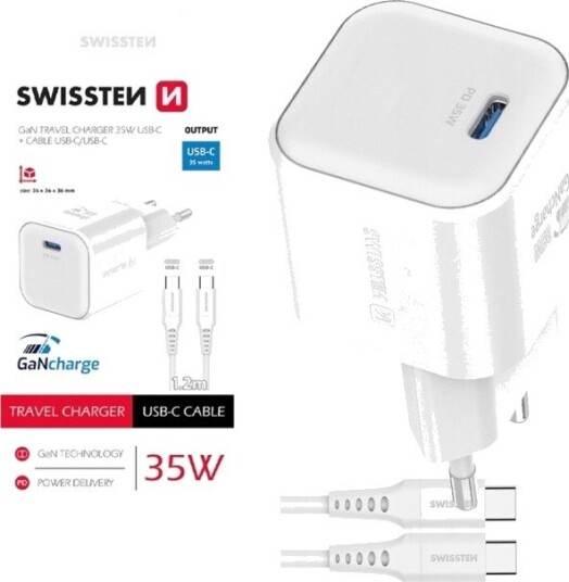 „Swissten“ Reise-/Lader Gan Usb-C 35 W Pd + Dobbel Kabel Usb-C Usb-C 1,2 M