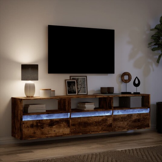 Vegghengt TV-benk med LED røkt eik 180x31x45 cm 8721158342898
