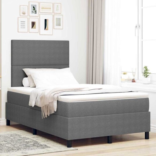 Box Spring Seng med Madrass & LED Lys Grå Liten Dobbel Corduroy Stoff
