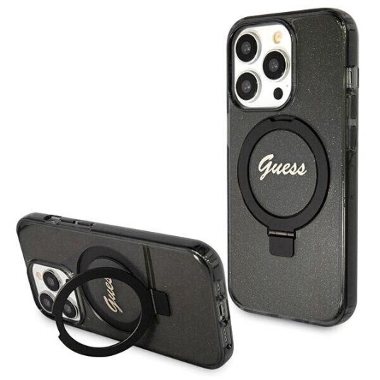 Guess Guhmp14lhrsgsk Iphone 14 Pro 6.1" Black/Black Hardcase Ring Stand Script Glitter Magsafe
