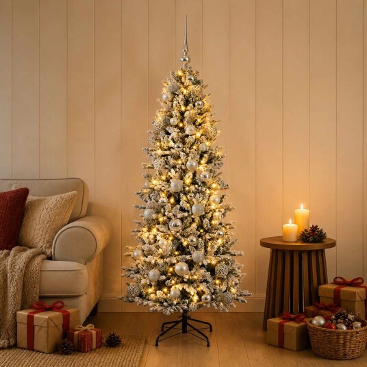 vidaXL Kunstig juletre med julekuler 150 cm 150 LED-lys Varmhvit