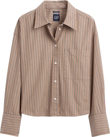 GAP Organic Cotton Poplin Oversized Crop Shirt CAMEL STRIPE XL