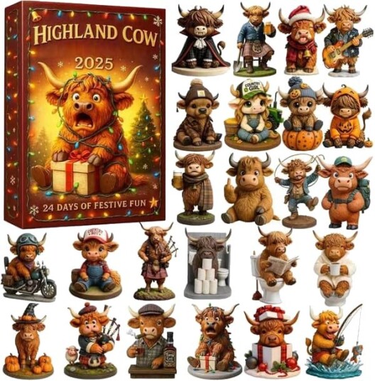 Dyreadventskalender 3D figurer 24 deler Highland Cow ornamenter til juletre | For hjem stue gård fest peis nattbord