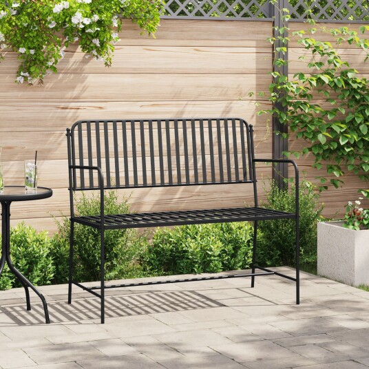 Hagebenk med lameldesign svart 107 cm stål. Hagebenk med lameldesign svart 107 cm stål.