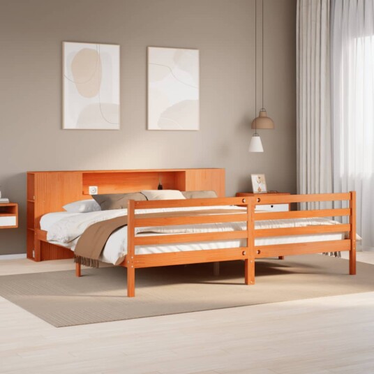  Seng med bokhylle uten madrass voksbrun 200x200 cm heltre furu 8721158606570