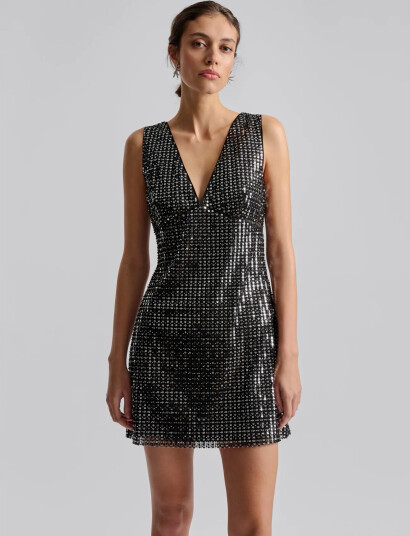 Malina Ellen Sequin Deep V Mini Dress   Black   34