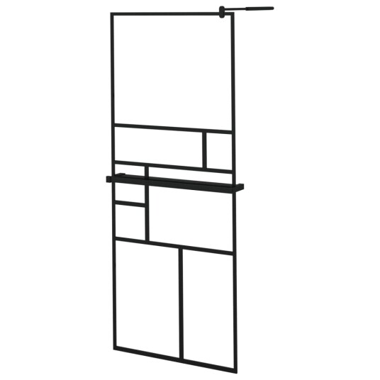 Dusjvegg med hylle svart 80x195 cm ESG-glass og aluminium