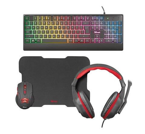 Trust Ziva 4-in-1 Gaming Bundle - Tastatur, mus, hodesett og musematte sett - Nordisk - Svart