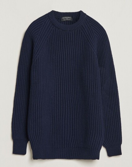 Gloverall Fisherman Rib Chunky Wool Crew Neck Navy