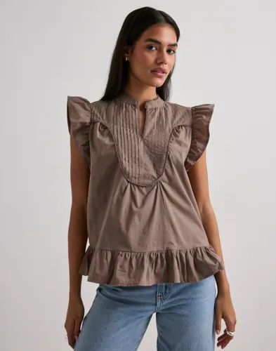 Only   Brun   Onladda S/L V Neck Top Ex Wvn