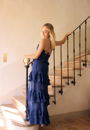 Bubbleroom Occasion Crochet Waist Flounce Maxi Dress Blue 34