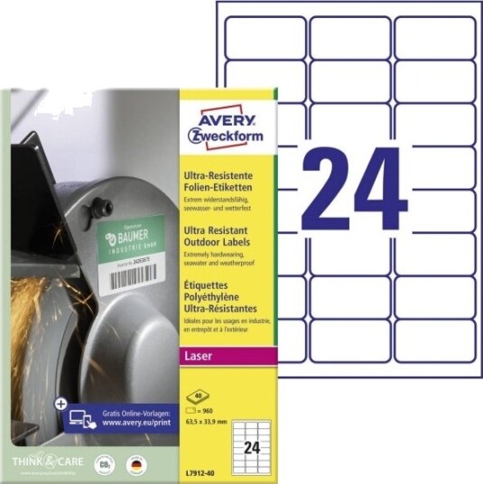 Avery Zweckform Ultra-Resist. Folieetiketter 63,5X33,9 Mm Farge: Hvit, Ekstremt Slitesterke, Ekstra Sterke - 1 Stk (L7912-40)