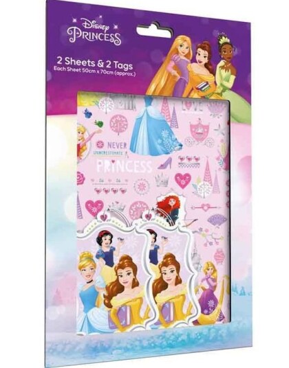 2 stk Disney Prinsesser Gavepapir med 2 stk Navnelapper 50x70cm
