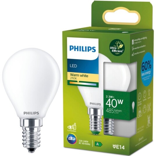 Philips LED E14 Sphere P45 2,3W 40W Frostet 485lm 2700K Energiklasse A