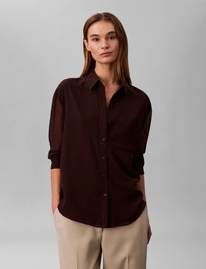 Calvin Klein Roll Sleeve Utility Pocket Blous Brown XS