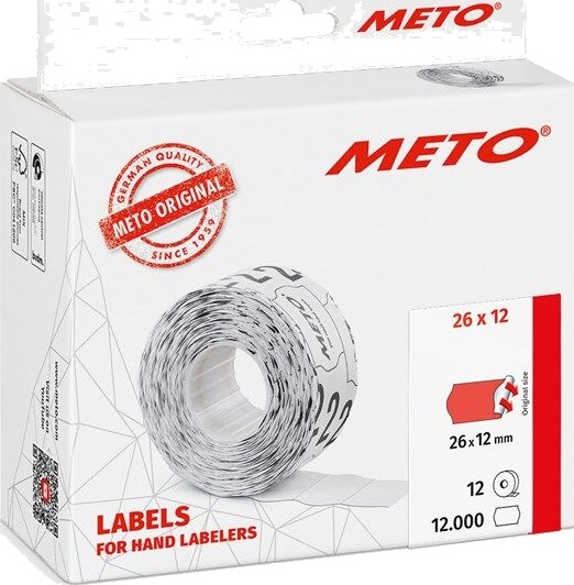 METO Prisetiketter, 26x12mm, neonrd, 12rl/1000