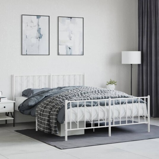 vidaXL Sengeramme i metall med hode- og fotgavl hvit 150x200 cm 8721012250390