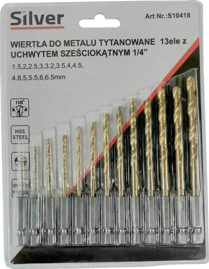 Silver Bor Til Metall, Hvitt Sett 13 Stk + Hex-Holder 1/4"