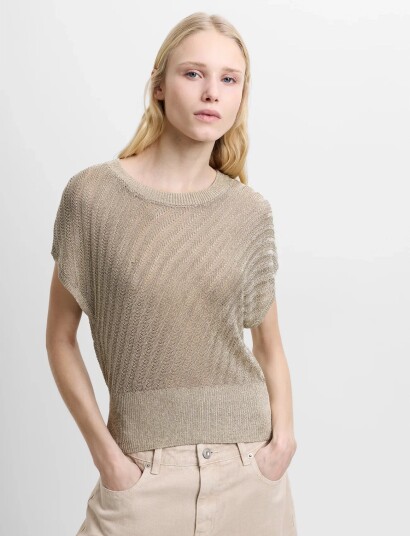 French Connection Jada Metallic Knit Top Beige XS French Connection Jada Metallic Knit Top Beige XS