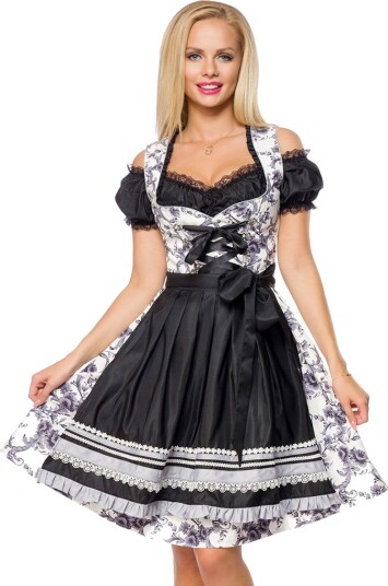 Luksus Oktoberfest Dirndl Blomstermønstret Pen Korsettkjole med Forkle Strl XS