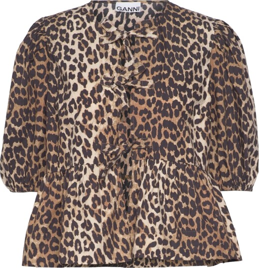 Ganni Printed Cotton Poplin Peplum Blouse Brown 42 Ganni Printed Cotton Poplin Peplum Blouse Brown 42