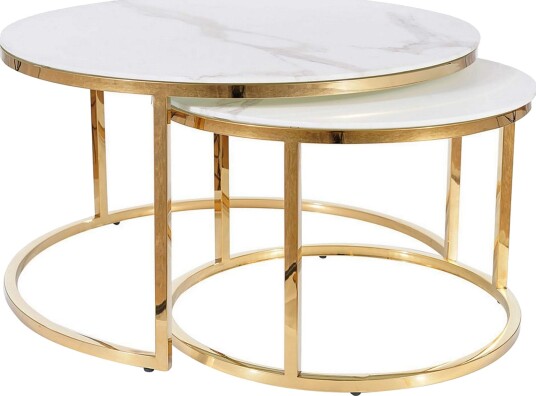 Musara Sofabord Rundt Marmorlook - Glass/Hvit Matt Lakk/Gull