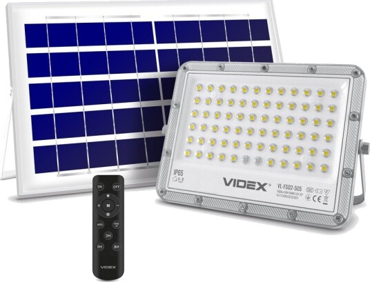 Videx 50W Solara LED lyskaster med solcelle   1000lm IP65 5000K grå inkl. fjernkontroll og solcellepanel   Dimbar : Dimbar Kulør : Nøytral