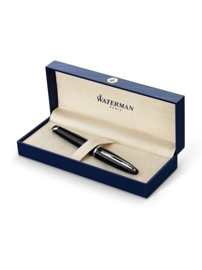 Waterman Carène Svart Sea Fountain Pen High-Gloss Svart with Palladium Plated Trim Medium Nib with Blå Ink Cartridge Gift Box Waterman Carène Svart Sea Fountain Pen High-Gloss Svart with Palladium Plated Trim Medium Nib with Blå Ink Cartridge Gift Box